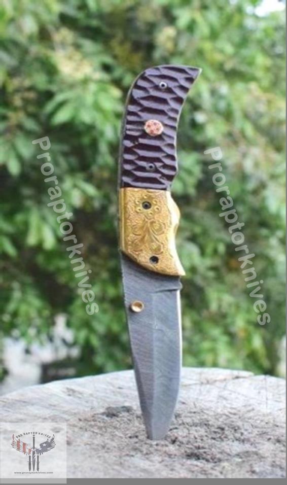 Handmade Damascus Steel Pocket Knife with Dark Brown Micarta Handle. Pro-Vigoroso1474