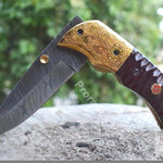 Handmade Damascus Steel Pocket Knife with Dark Brown Micarta Handle. Pro-Vigoroso1474