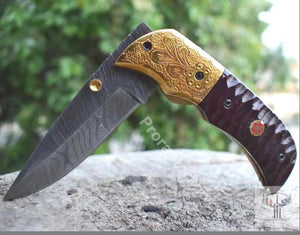 Handmade Damascus Steel Pocket Knife with Dark Brown Micarta Handle. Pro-Vigoroso1474