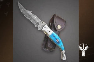 Handmade Damascus Steel Fish Tail Shape Folding Knife. Pro-Vigoroso1476