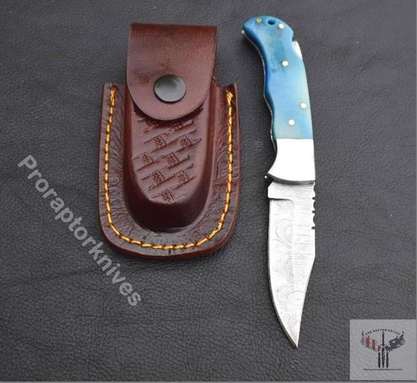 Damascus steel Back Lock Folding Knife with Blue Resin Handle. Pro-Vigoroso1479