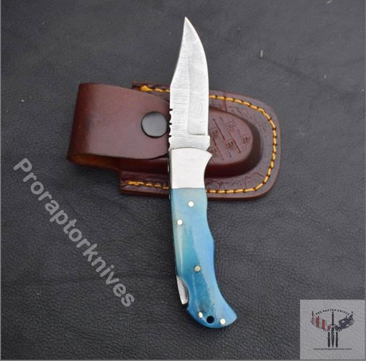 Damascus steel Back Lock Folding Knife with Blue Resin Handle. Pro-Vigoroso1479