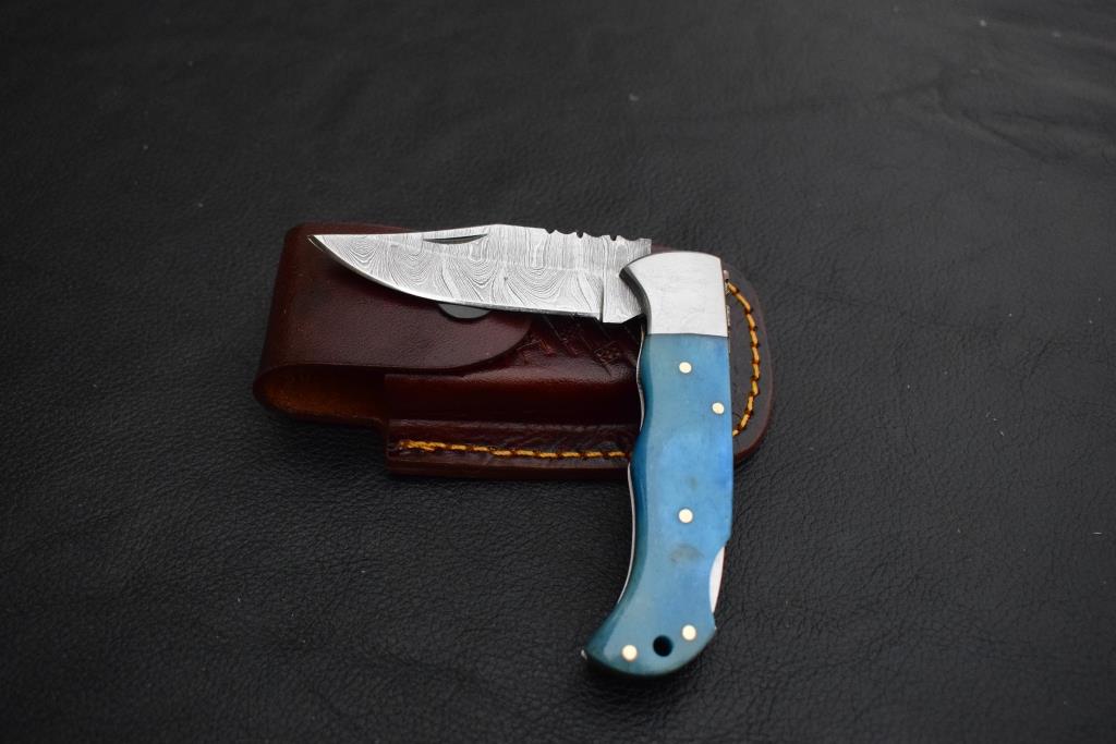 Damascus steel Back Lock Folding Knife with Blue Resin Handle. Pro-Vigoroso1479