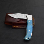 Damascus steel Back Lock Folding Knife with Blue Resin Handle. Pro-Vigoroso1479