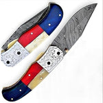 Handmade Damascus Steel with Engraved Bolster Handle Folding Knife. Pro-Vigoroso1482