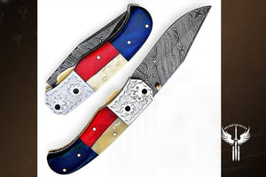 Handmade Damascus Steel with Engraved Bolster Handle Folding Knife. Pro-Vigoroso1482