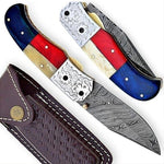 Handmade Damascus Steel with Engraved Bolster Handle Folding Knife. Pro-Vigoroso1482