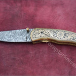 Handmade Damascus Steel Folding Knife with Hand Engraved Brass Handle. Pro-Capolavoro1493