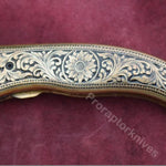 Handmade Damascus Steel Folding Knife with Hand Engraved Brass Handle. Pro-Capolavoro1493