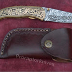 Handmade Damascus Steel Folding Knife with Hand Engraved Brass Handle. Pro-Capolavoro1493