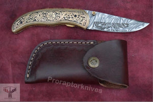 Handmade Damascus Steel Folding Knife with Hand Engraved Brass Handle. Pro-Capolavoro1493