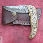 Handmade Damascus Steel Folding Knife with Hand Engraved Brass Handle. Pro-Capolavoro1493