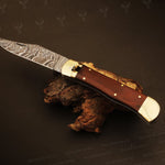 Damascus steel Push Button Folding Knife with Micarta Handle. Packed in wooden Box.Pro-Vigoroso1704