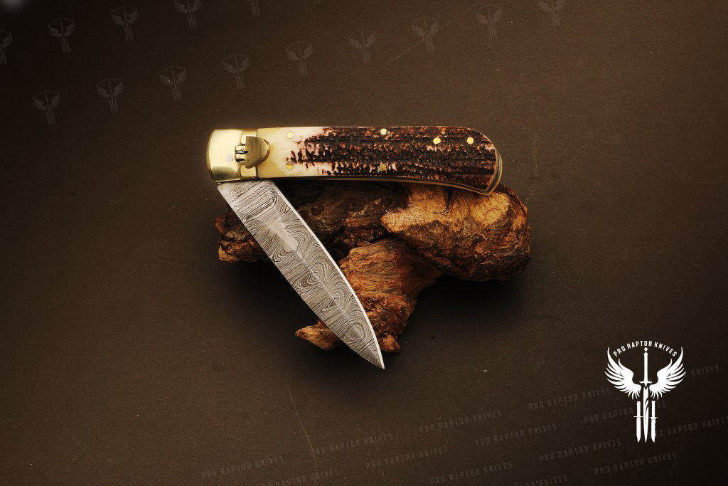 Damascus steel Push Button Stag Handle Folding Knife Packed in Ash wood Box. Pro-Vigoroso1705