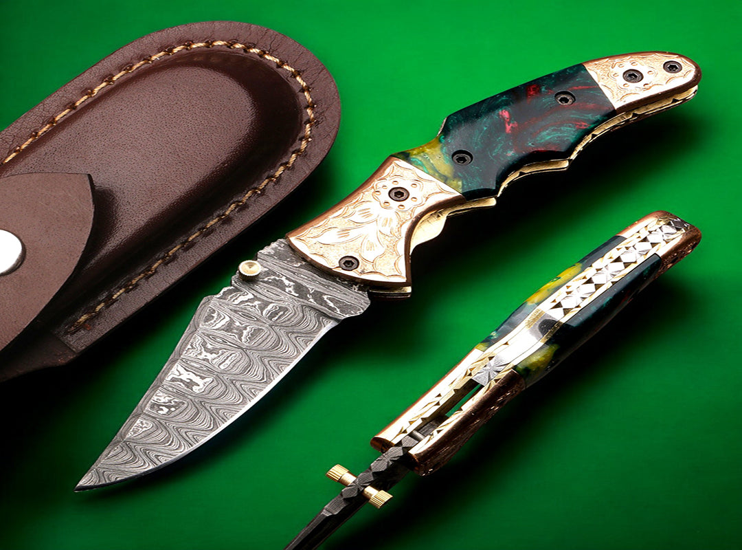 Handmade Damascus Steel  and Tie & Dye Resin Handle Folding Knife with Engraved Bolster.  Free Engraving and USA Shipping.  Pro-Vigoroso1471