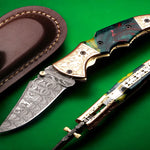 Handmade Damascus Steel  and Tie & Dye Resin Handle Folding Knife with Engraved Bolster.  Free Engraving and USA Shipping.  Pro-Vigoroso1471