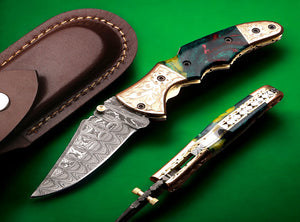 Handmade Damascus Steel  and Tie & Dye Resin Handle Folding Knife with Engraved Bolster.  Free Engraving and USA Shipping.  Pro-Vigoroso1471