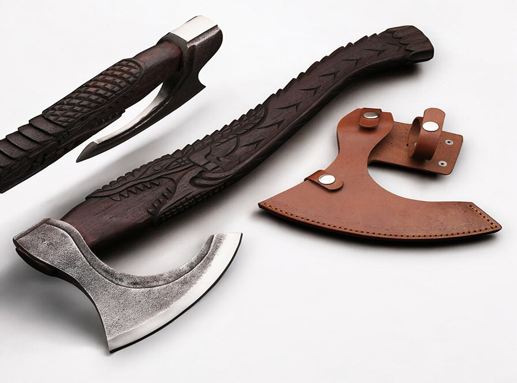 Hand Forged Carbon Steel Viking Axe with Dark Crafted Crocodile on Ash wood Shaft. Free Gift Damascus Steel Ring. Pro-Bello1440