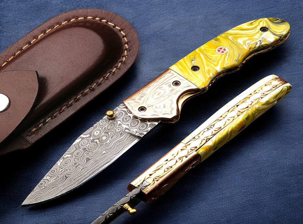 Handmade Damascus Steel Folding Knife with engraved Bolster and Resin Handle. Free Engraving and USA Shipping. Pro-Vigoroso1916