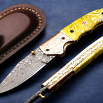 Handmade Damascus Steel Folding Knife with engraved Bolster and Resin Handle. Free Engraving and USA Shipping. Pro-Vigoroso1916