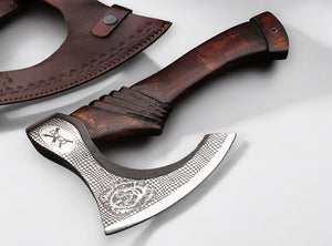 Best Professional Handmade Carbon Steel Lion etched Long Edge Pizza Cutter Axe with Dark Wood Handle. Free Engraving and USA Shipping. Pro-Bello5556