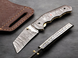 Damascus Steel Cleaver Blade Folding Knife with Damascus Handle. Free Engraving and USA Shipping.  Pro-Vigoroso1922