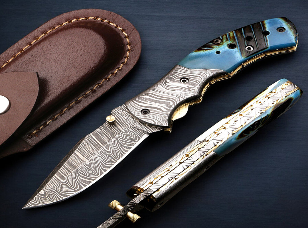 Handmade Damascus Steel Bone Handle Folding Knife with Damascus Bolster. Free engraving and USA Shipping.  Pro-Vigoroso1451
