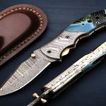 Handmade Damascus Steel Bone Handle Folding Knife with Damascus Bolster. Free engraving and USA Shipping.  Pro-Vigoroso1451