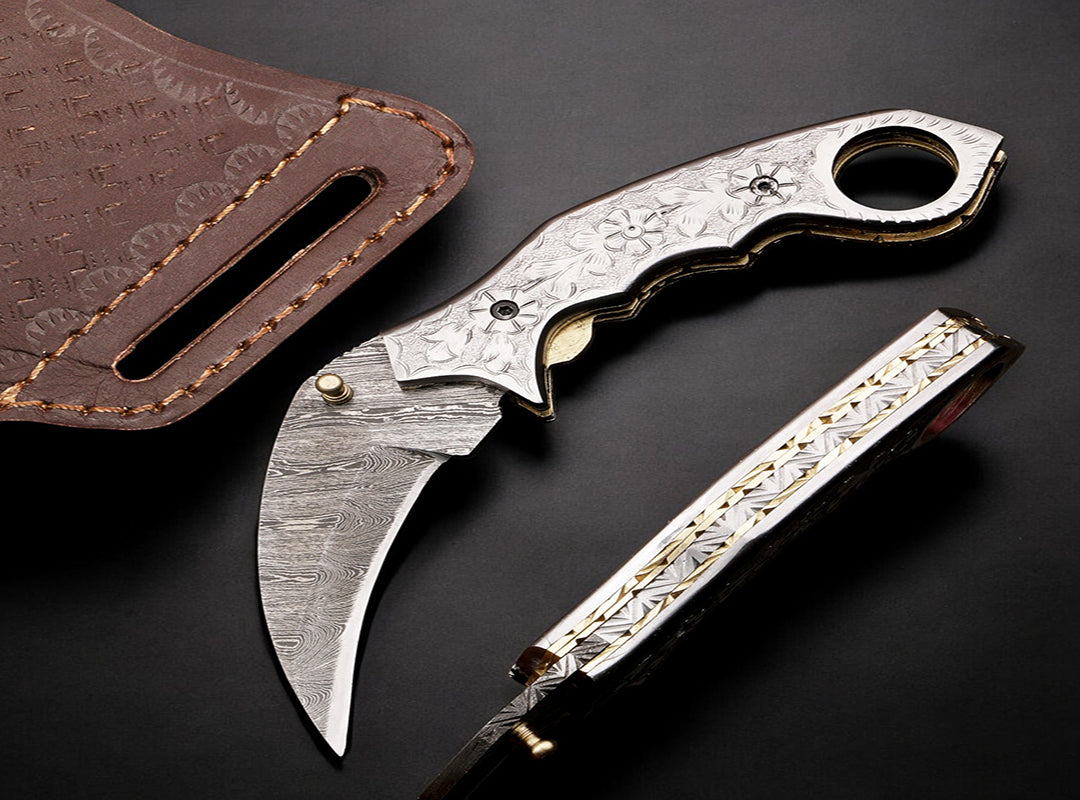 Handmade Damascus Steel Hunting Folding Karambit Claw knife with Engraved Steel Handle. Free Engraving and USA Shipping. Pro-Vigoroso1920
