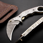 Handmade Damascus Steel Hunting Folding Karambit Claw knife with Engraved Steel Handle. Free Engraving and USA Shipping. Pro-Vigoroso1920