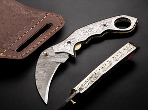 Handmade Damascus Steel Hunting Folding Karambit Claw knife with Engraved Steel Handle. Free Engraving and USA Shipping. Pro-Vigoroso1920
