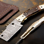 Damascus Etched Cleaver Blade Folding Knife with Spine Rivets. Free Engraving and USA Shipping. Pro-Vigoroso1921
