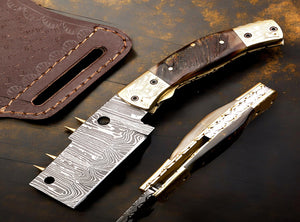 Damascus Etched Cleaver Blade Folding Knife with Spine Rivets. Free Engraving and USA Shipping. Pro-Vigoroso1921