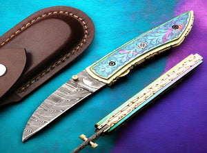 Handmade Damascus Steel Folding Knife Along with Engraved D2 Steel Dual Shade Handle. Free Engraving and USA Shipping.  Pro-Vigoroso1915