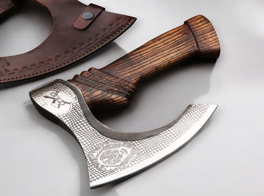 Handmade High Carbon Steel Lion etched Long Edge Pizza Cutter Axe with Ash Wood Handle. Pro-Bello5555