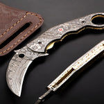 Handmade Damascus steel Raindrop Pattern Karambit Shape Folding Knife. Free Engraving and USA Shipping. Pro-Vigoroso1918