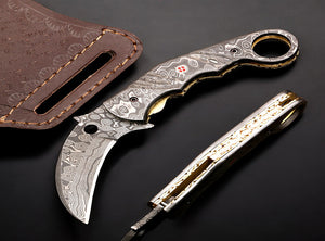 Handmade Damascus steel Raindrop Pattern Karambit Shape Folding Knife. Free Engraving and USA Shipping. Pro-Vigoroso1918