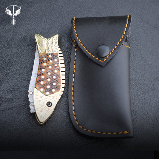 Handmade Damascus Steel Fish Shape Folding Knife with Engraved Handle. Pro1458