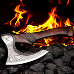 Best Professional Handmade Carbon Steel Lion etched Long Edge Pizza Cutter Axe with Dark Wood Handle. Free Engraving and USA Shipping. Pro-Bello5556