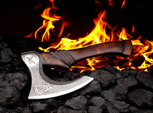 Best Professional Handmade Carbon Steel Lion etched Long Edge Pizza Cutter Axe with Dark Wood Handle. Free Engraving and USA Shipping. Pro-Bello5556