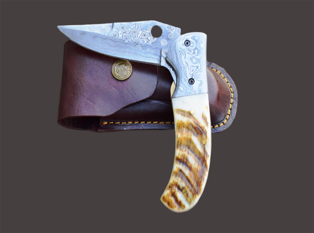Handmade Damascus Steel Pocket Knife with Lamb Horn Handle. Free Engraving and USA Shipping.  Pro-Vigoroso1472