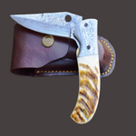 Handmade Damascus Steel Pocket Knife with Lamb Horn Handle. Free Engraving and USA Shipping.  Pro-Vigoroso1472