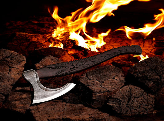 Handmade Carbon Steel Viking Axe with Dark Crafted Crocodile on Ash Wood Shaft. Pro-Bello1440