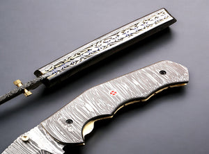 Damascus Steel Cleaver Blade Folding Knife with Damascus Handle. Free Engraving and USA Shipping.  Pro-Vigoroso1922
