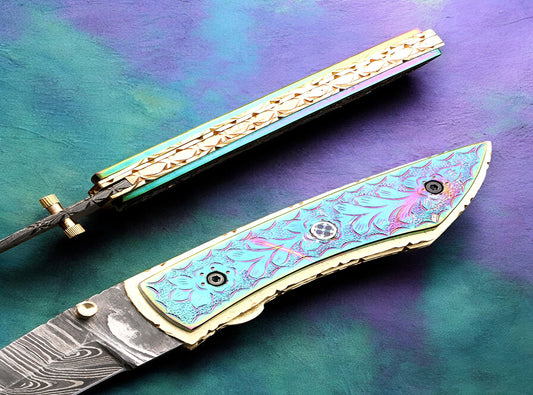 Handmade Damascus Steel Folding Knife with Engraved Dual Shade D2 Steel Handle. Pro1915