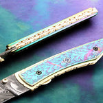 Handmade Damascus Steel Folding Knife Along with Engraved D2 Steel Dual Shade Handle. Free Engraving and USA Shipping.  Pro-Vigoroso1915
