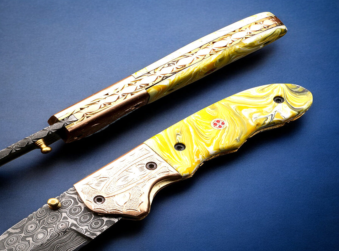 Handmade Damascus Steel Folding Knife with engraved Bolster and Resin Handle. Free Engraving and USA Shipping. Pro-Vigoroso1916