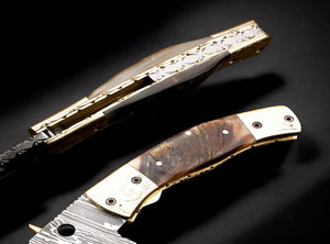 Damascus Etched Cleaver Blade Folding Knife with Spine Rivets. Free Engraving and USA Shipping. Pro-Vigoroso1921