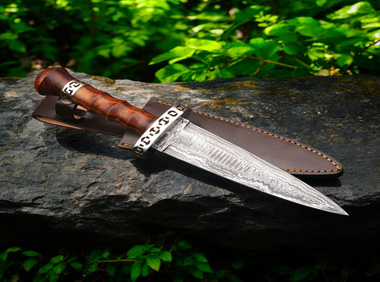 Premium Damascus steel Dark Wooden Handle Dagger Knife with Brass Guard. Pro1545