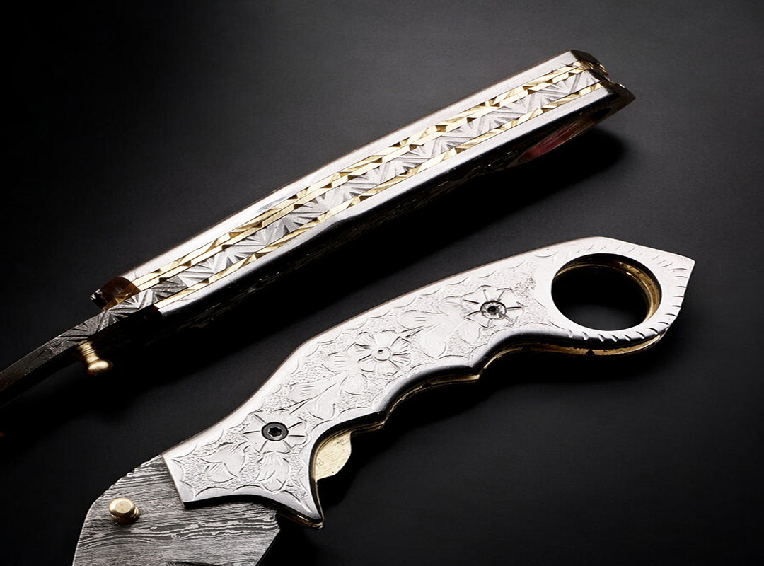 Handmade Damascus Steel Hunting Folding Karambit Claw knife with Engraved Steel Handle. Free Engraving and USA Shipping. Pro-Vigoroso1920